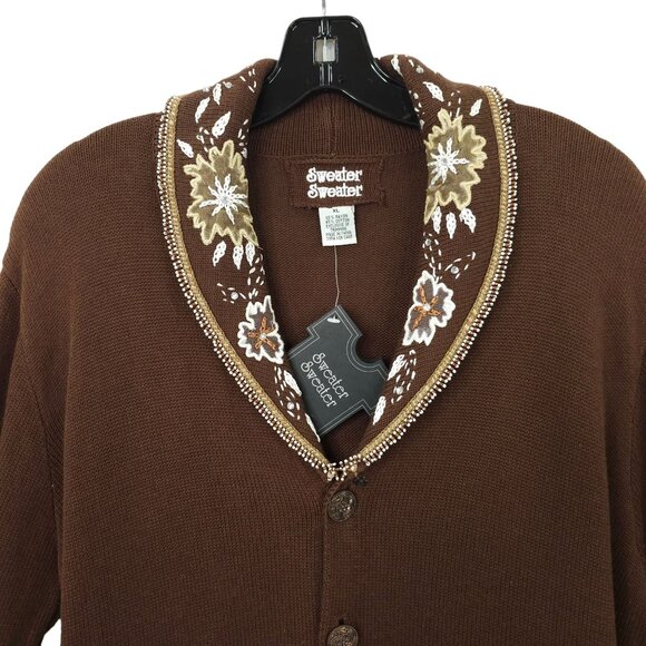 Sweater Sweater Embroidered Beaded Cowl Neck Cardigan Womens Size XL Brown NEW - Picture 10 of 16
